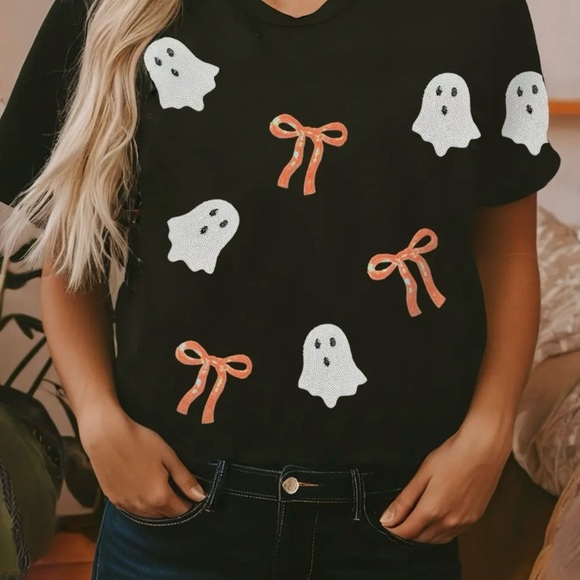 Tops - Black T-Shirt with Sequins Ghost and Bow Design